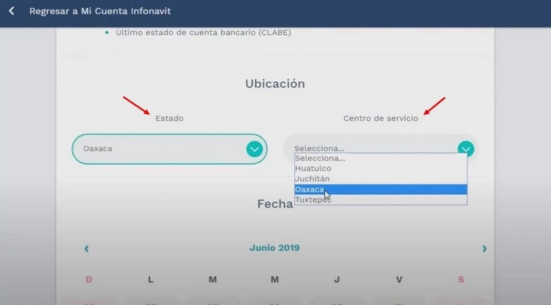 Paso 5 Selecciona tu Estado y Centro de Servicio Infonavit